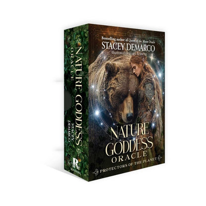 A boxed book titled "Nature Goddess Oracle" by Stacey Demarco, shown at a slight angle on a white background. The box features a dark forest-green and brown design with an illustration of a woman embracing a large brown bear, surrounded by glowing sparkles.