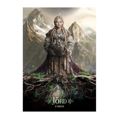 A fantasy oracle card showing a woman standing in a mountain landscape with roots and trees extending from her cloak, and the text 'Jörd UNION' at the bottom.