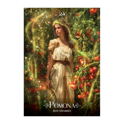 A square  card featuring a woman in a cream dress standing in a lush garden of tomatoes, with glowing golden light effects. The text '24' appears at the top and 'POMONA BOUNDARIES' is printed at the bottom.