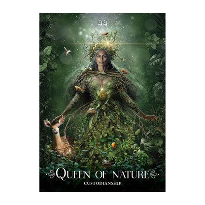 A fantasy oracle card featuring a woman in a lush green forest, styled as a goddess of nature with vines, leaves, and small birds around her. The text 'Queen of Nature Custodianship' is displayed at the bottom.