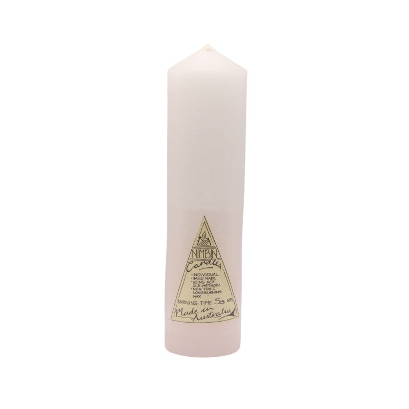 white candle with a gold triangle logo on a white background