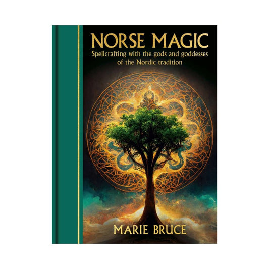 Book cover of 'Norse Magic' by Marie Bruce with a tree design on a black background