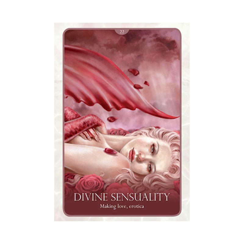 A tarot card titled 'DIVINE SENSUALITY' with the subtitle 'Making love, erotica'. The card features an illustration of a woman with blonde hair, red lips, and a red wing against a pink and red background with roses.