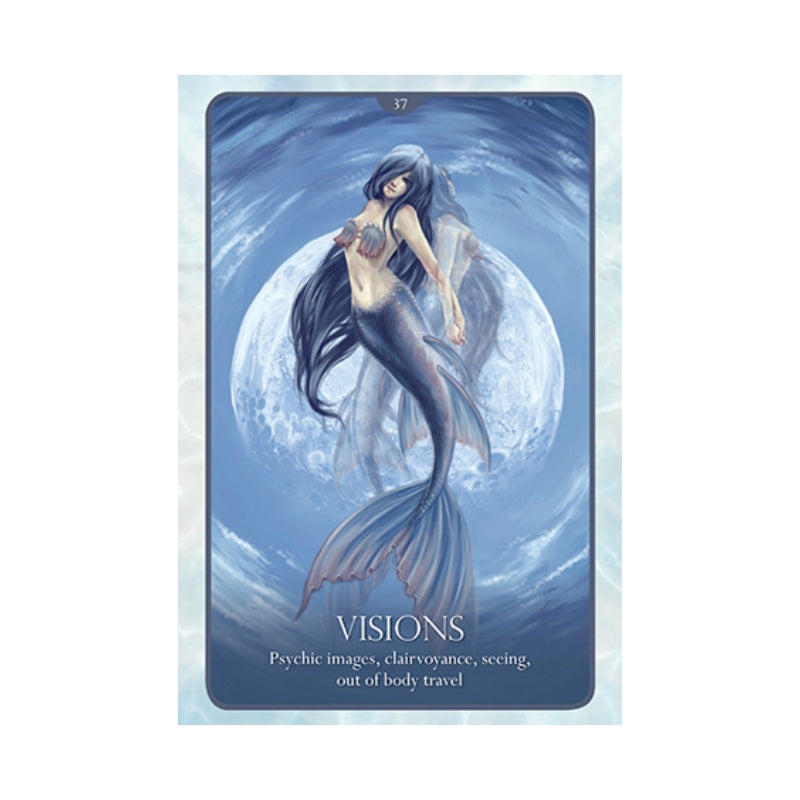 A tarot card titled 'VISIONS' featuring an illustration of a mermaid with long dark hair swimming in front of a large moon, with the card number 37 at the top and card definition text at the bottom.
