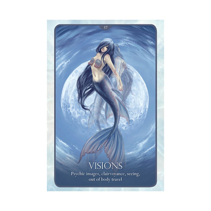A tarot card titled 'VISIONS' featuring an illustration of a mermaid with long dark hair swimming in front of a large moon, with the card number 37 at the top and card definition text at the bottom.