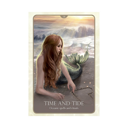A tarot card titled 'TIME AND TIDE' from the 'Oceanic spells and rituals' deck, featuring an illustration of a mermaid with long red hair and a green tail on a beach at sunset.