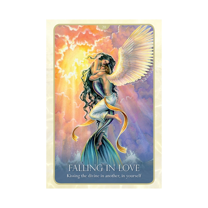 A tarot card titled 'FALLING IN LOVE' featuring an angel with large white wings, long dark hair, and a blue-green tail, embracing a woman against a dramatic orange, yellow, and purple sky. The card is centered on a light cream background.