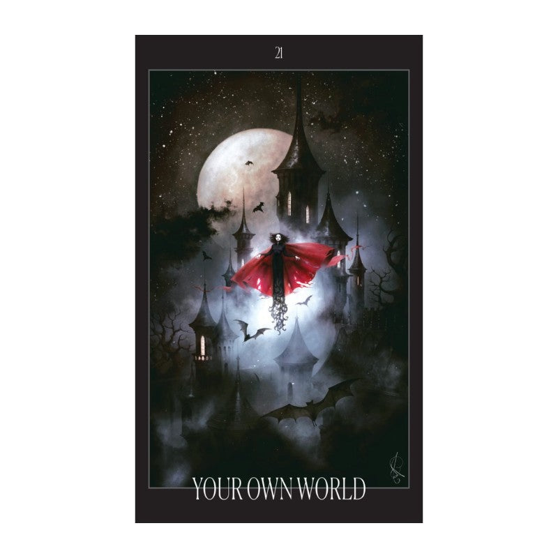 oracle card with a red cape figure, moon, and castle, titled 'Your Own World'.