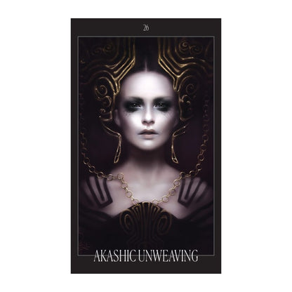 oracle card  of a woman with dark hair and gold headpiece, wearing a necklace, with 'Akashic Unweaving' text.