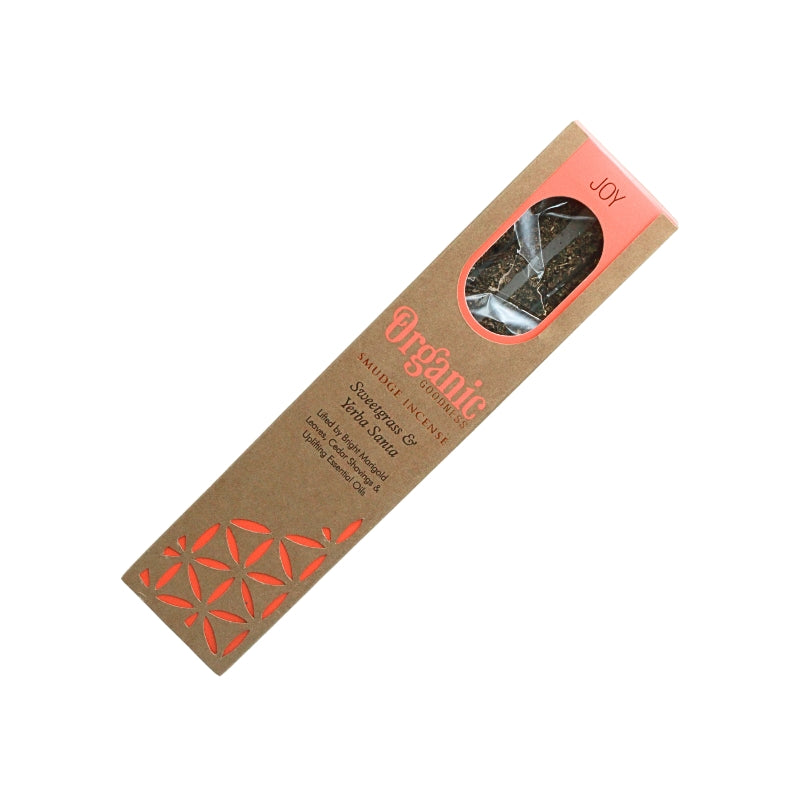 Organic Goodness Joy Sweetgrass & Yerba Santa smudge incense in a brown box with orange detailing and a window showing the sticks.