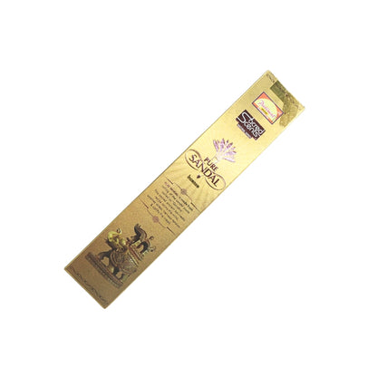 Gold Parimal Sacred Scents Pure Sandal 15g incense box displayed diagonally, with decorative elephant artwork.
