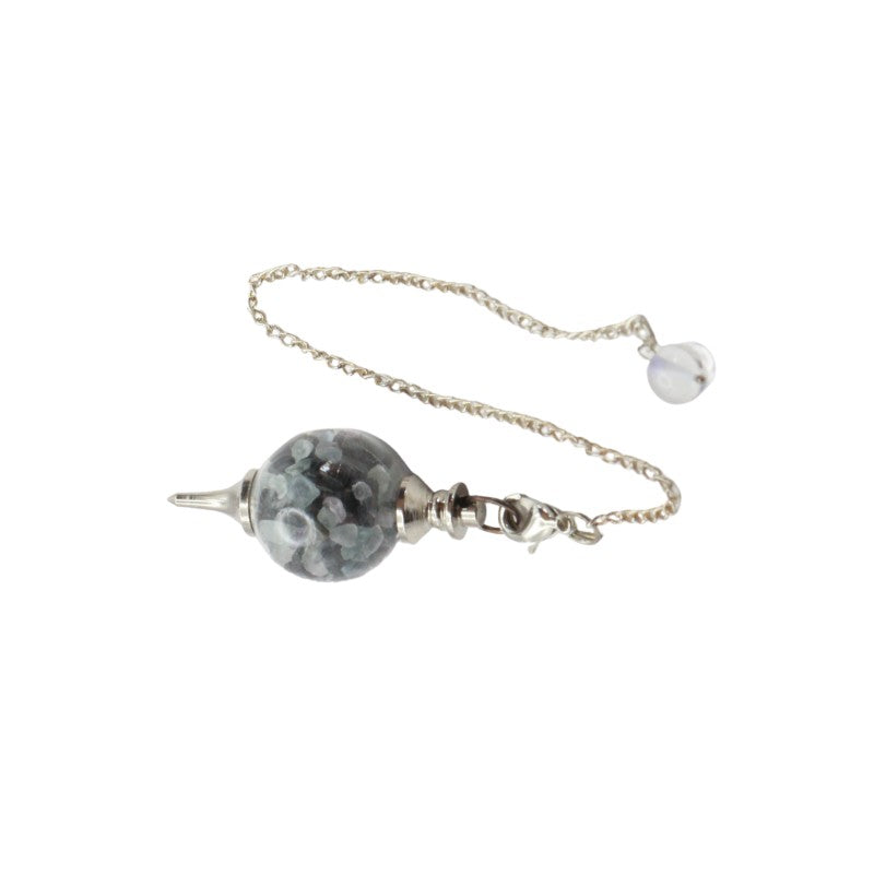 glass ball suspended on chain with crystal chips inside
