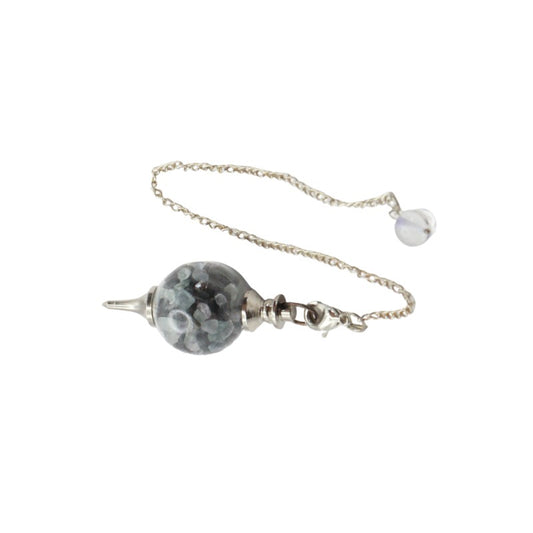 glass ball suspended on chain with crystal chips inside