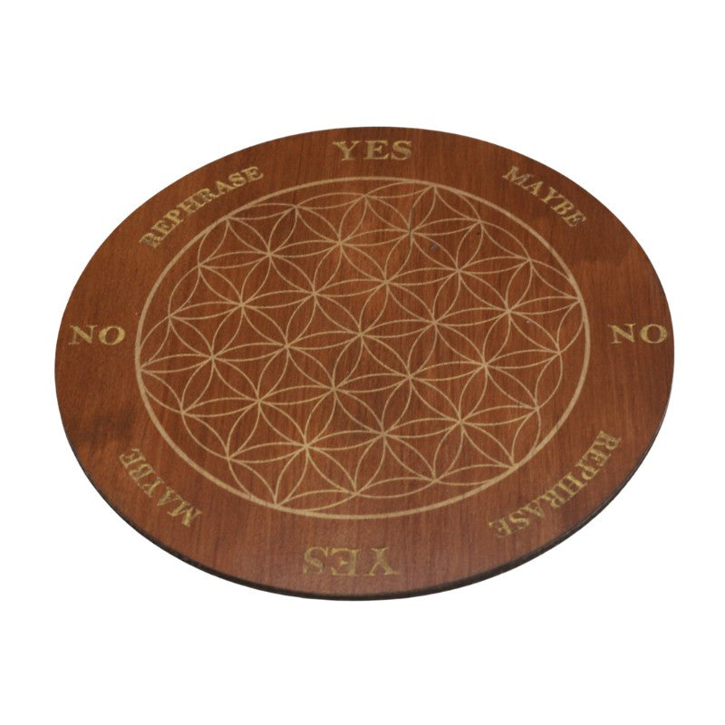 Wooden circular board with geometric design and text on a white background