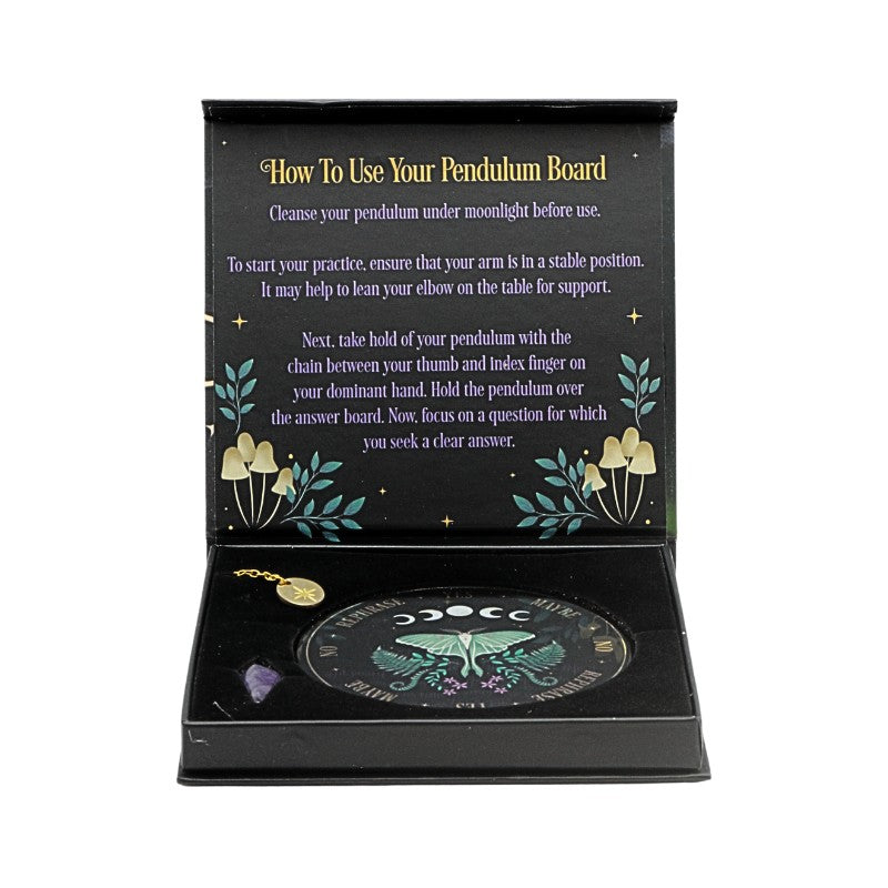 Pendulum board with instructions and decorative elements on a black background