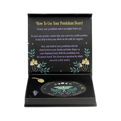Pendulum board with instructions and decorative elements on a black background