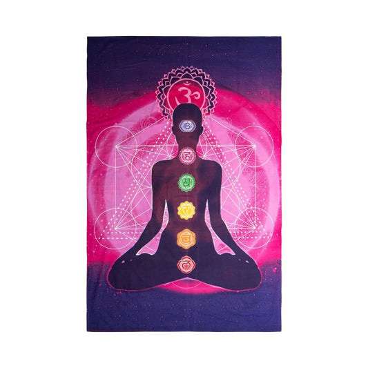 Poster with a silhouette of a person in meditation pose with chakra symbols against a pink and purple cosmic background.