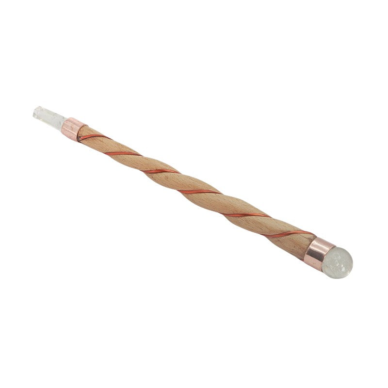 Polished Wood & Copper Spiral Wand with Clear Quartz Tip