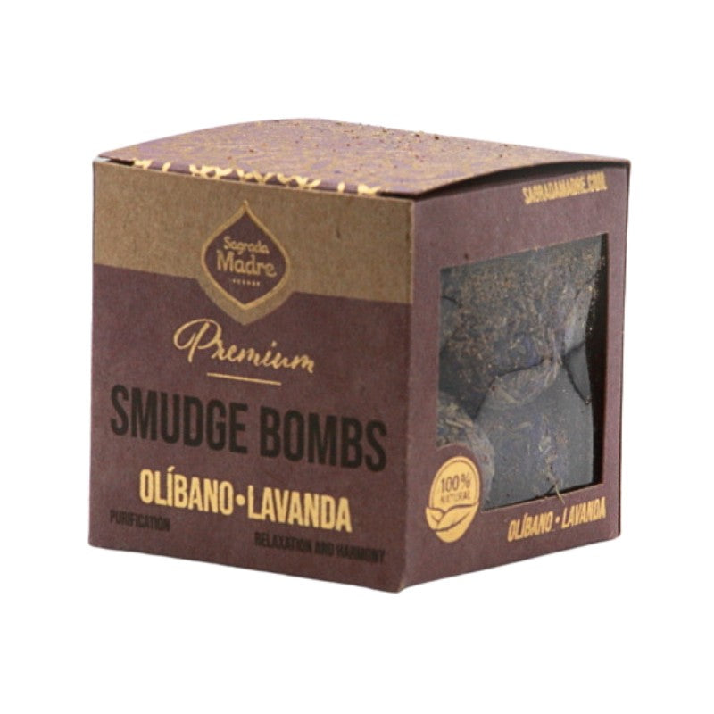 Box of Premium Smudge Bombs with Olábano and Lavanda scents on a white background