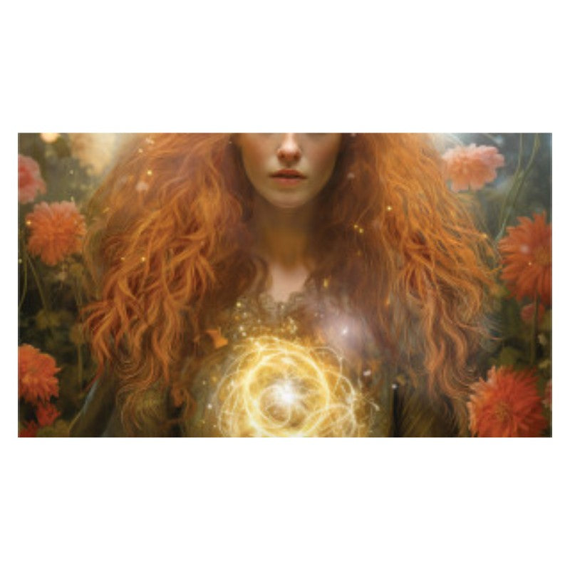 card from Queen of the sun oracle deck showing a woman with flaming red hair 