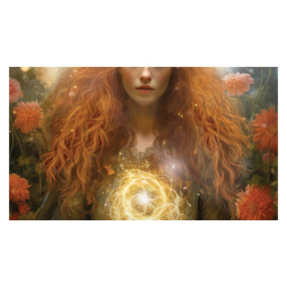 card from Queen of the sun oracle deck showing a woman with flaming red hair 