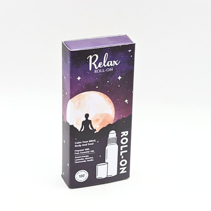 Box of 'Relax Roll-On' with a purple and white design on a white background