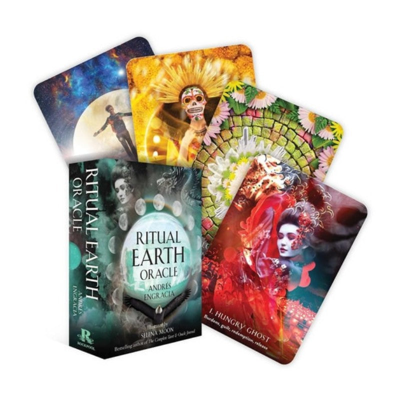 Set of oracle cards with colorful designs and ' Ritual Earth Oracle' book on a white background