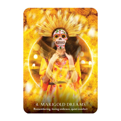 Card featuring a person with a colorful skull design and headdress on a bright yellow background.