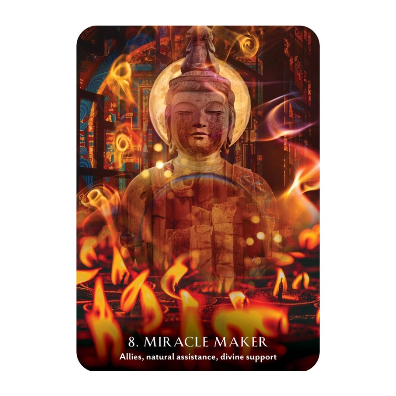 Card featuring a Buddha statue with flames and energy symbols, labeled '8. Miracle Maker'.