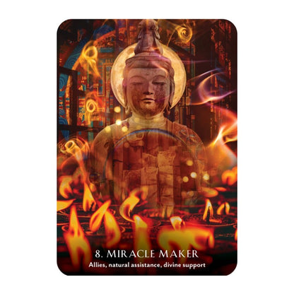 Card featuring a Buddha statue with flames and energy symbols, labeled '8. Miracle Maker'.