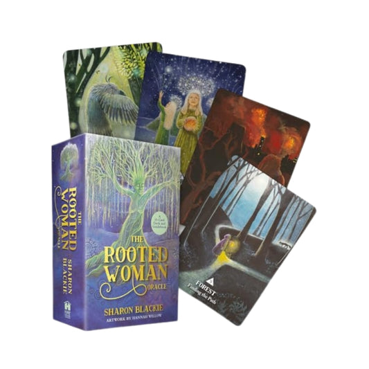 The Rooted Woman Oracle card deck box with four illustrated cards fanned behind it on a plain white background.