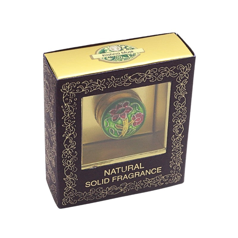 Boxed natural solid fragrance with floral design on a white background