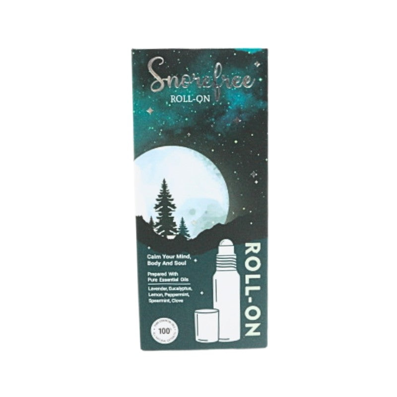 Snorefree roll-on packaging with a night sky design on a white background