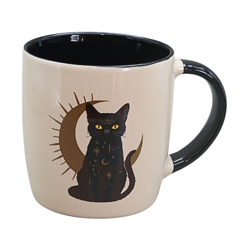 Mug with a black cat design on a beige background