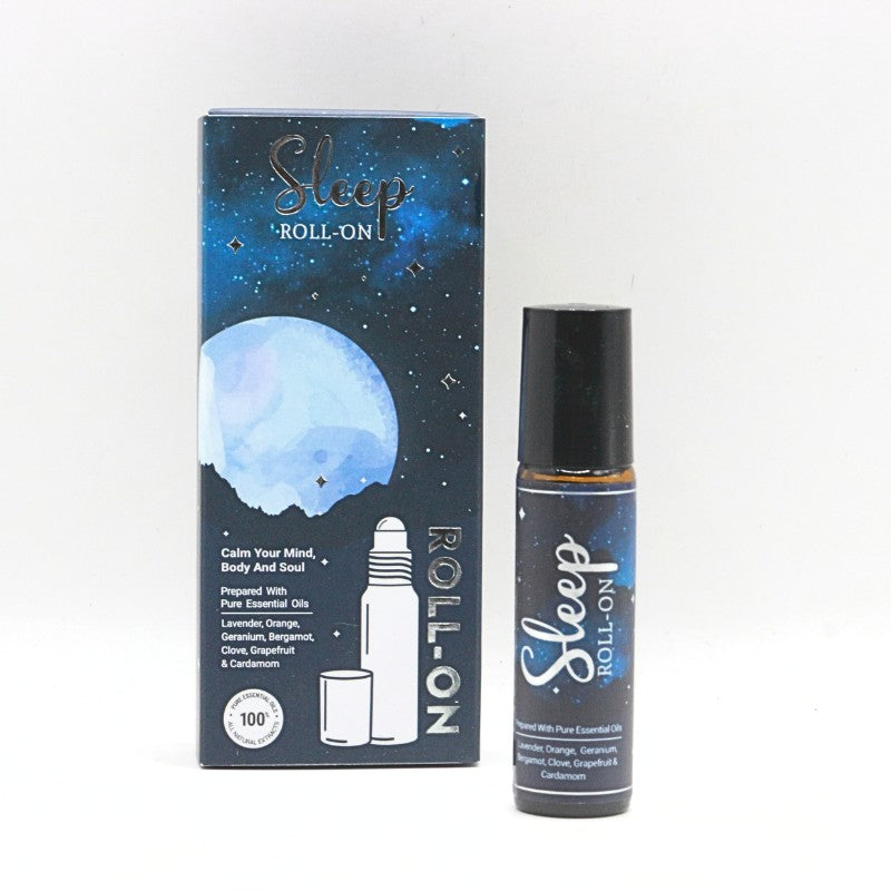 Sleep roll-on product with packaging on a white background