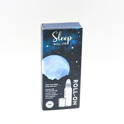 Sleep roll-on packaging with a blue moon design on a white background