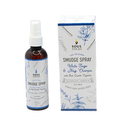 Soul Sticks Smudge Spray bottle and packaging on a white background