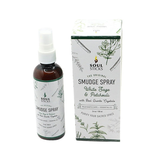 Soul Sticks Smudge Spray bottle and packaging on a white background