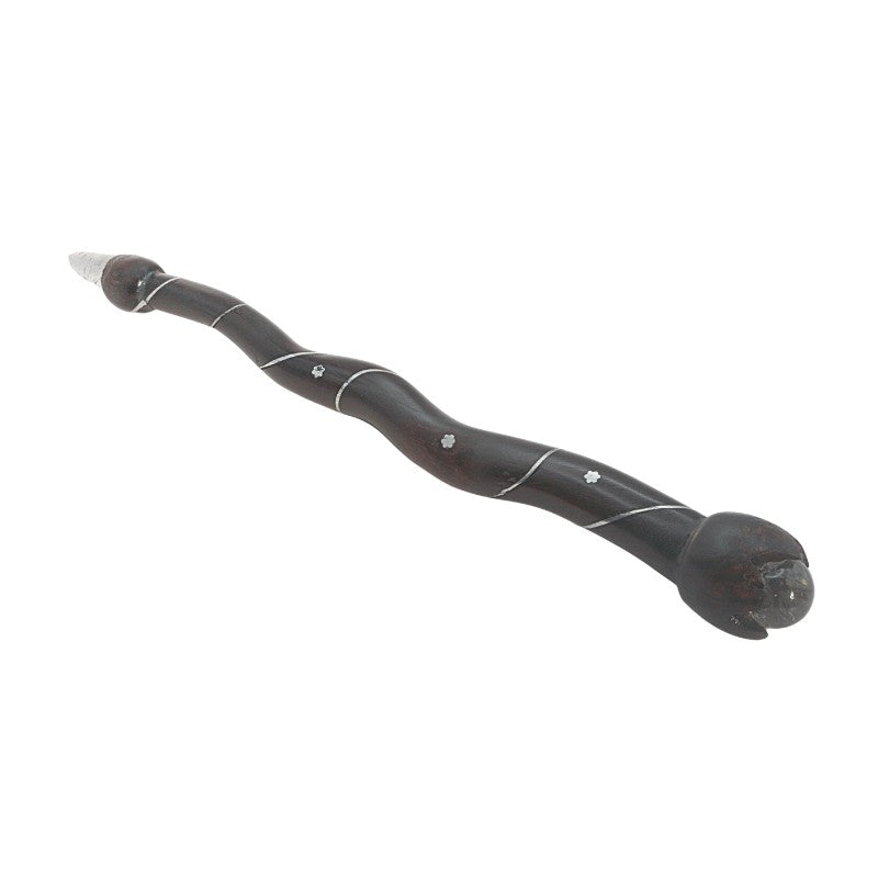 wooden snake shaped wand on white background
