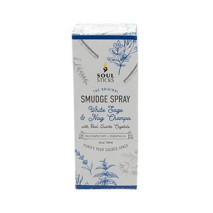 Soul Sticks Smudge Spray packaging with white sage and nag champa on a white background