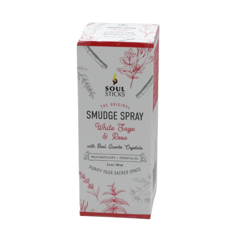 Soul Sticks Smudge Spray packaging with white and red design on a white background