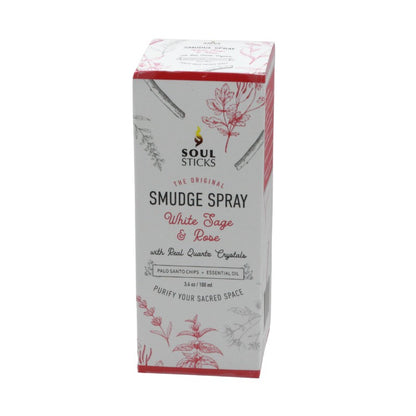 Soul Sticks Smudge Spray packaging with white and red design on a white background