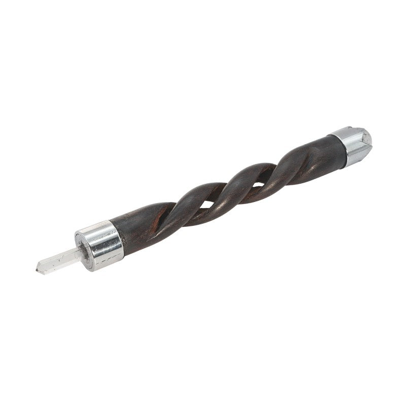 wooden carved wand with clear quartz point and ball at opposite ends