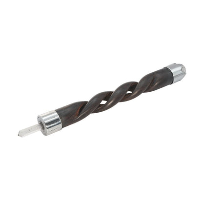 wooden carved wand with clear quartz point and ball at opposite ends
