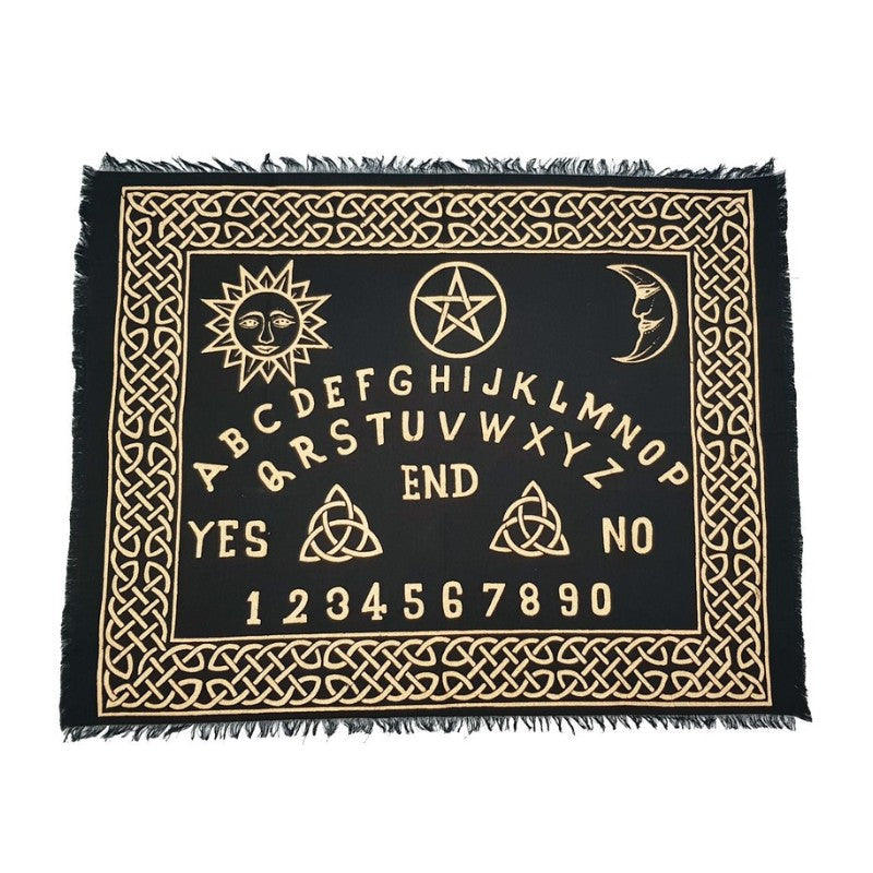 Black and gold Ouija board mat with symbols and letters on a white background
