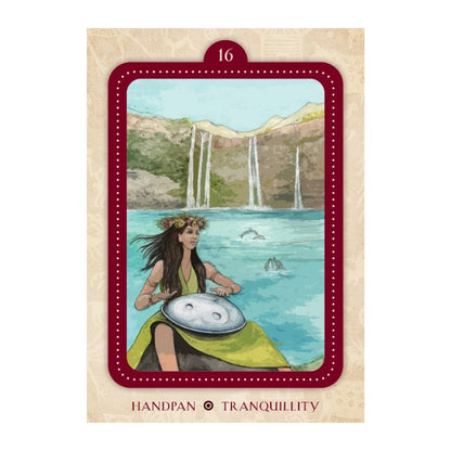 Card with a woman playing handpan by a waterfall, labeled 'Handpan Tranquillity'.