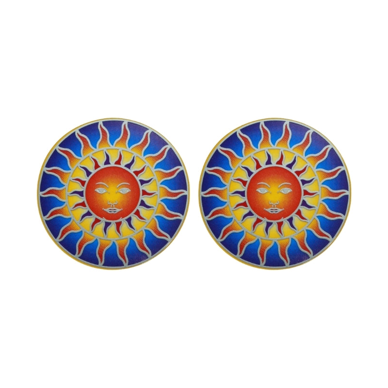 2 window stickers with colourful dsun designs, on a white background