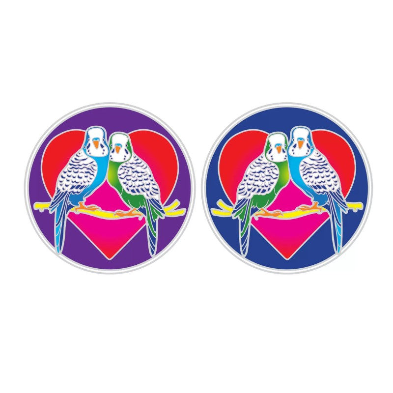 window stickers showing 2 budgerigars on a perch in front of a heart symbol