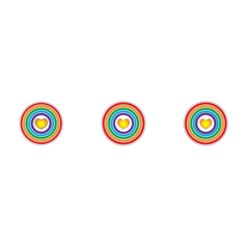 Three rainbow circular stickers with heart centers on a white background