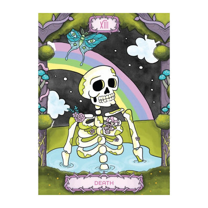 Cartoon skeleton with flowers in a colorful, fantasy-style setting